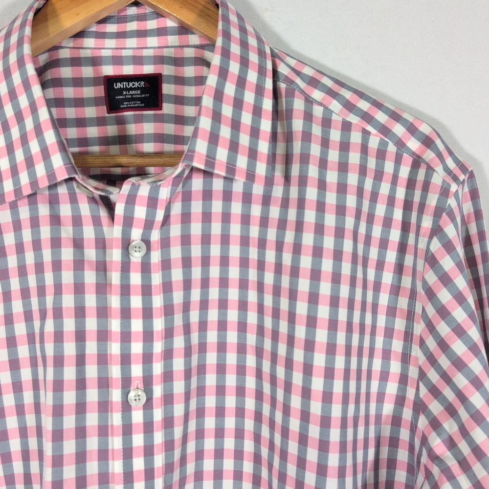 UNTUCKIT Shirt Long Sleeve Mens Large Pink Gray Check Wrinkle Free Casual